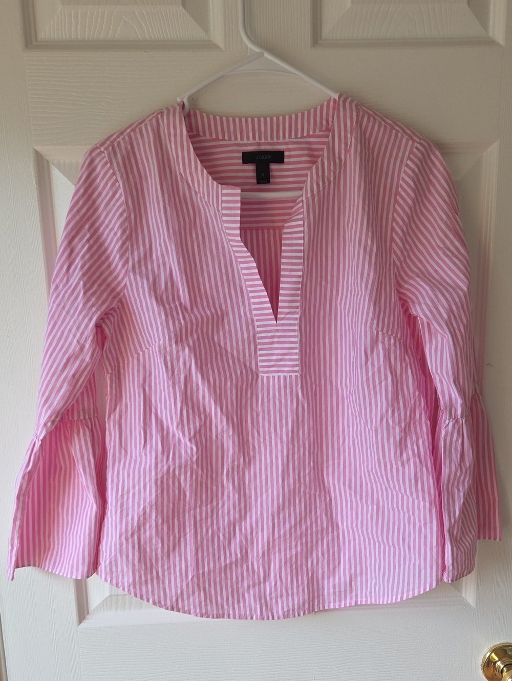 J. Crew Pink Stipes Blouse Sz 2 100% Cotton Bell Sleeve Breathable Boho Preppy